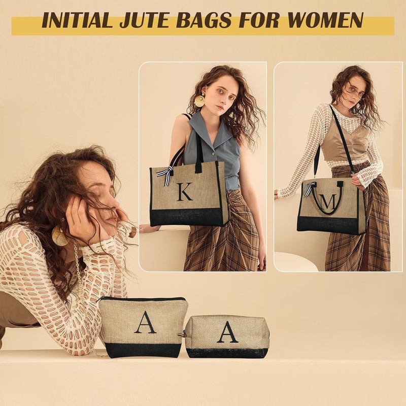 YOOLIFE Gifts for Women - Initial Jute Tote Bag & 2 Makeup Bag, Valentine Day Gifts for Her Women Teacher Wife Mom Friend - Image 3